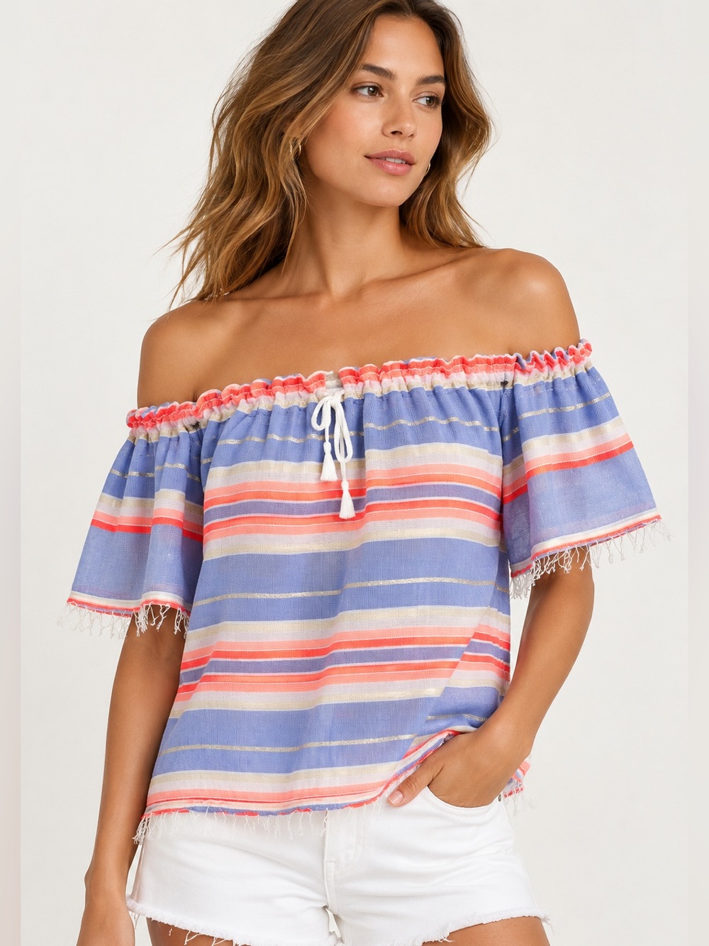 Lemlem Fiesta Off Shoulder Striped Fringe Top NWT XS